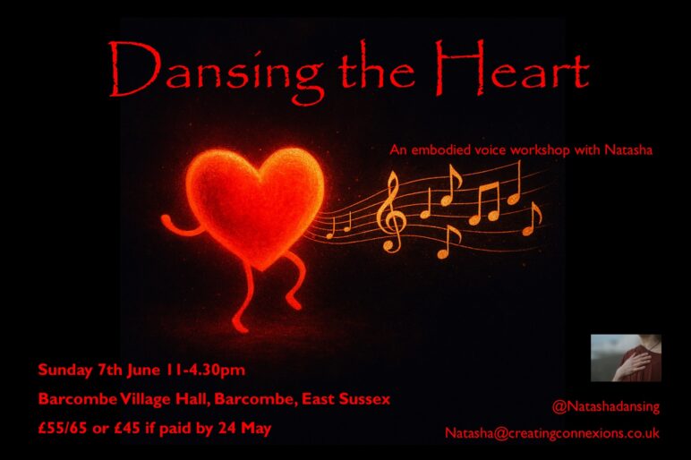 A gleaming heart with arms and legs dances on a dark background with a golden musical score emanating from its chest.